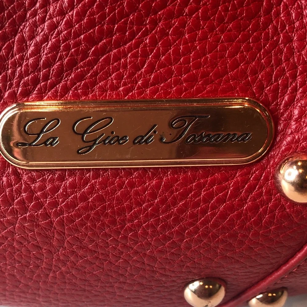La Giodi de Toscana Red Studded Soft Leather Hobo Handbag Zip top Roomy NWOT